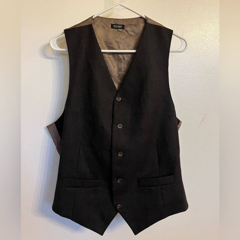 Men’s brown plaid vest waistcoat 100% wool vintage size 40R W34